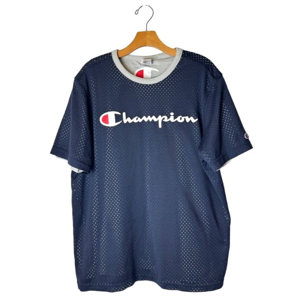 Champion Shirt Men XL Blue Gray Logo Reversible Mesh Short Sleeve Tee Athleisure